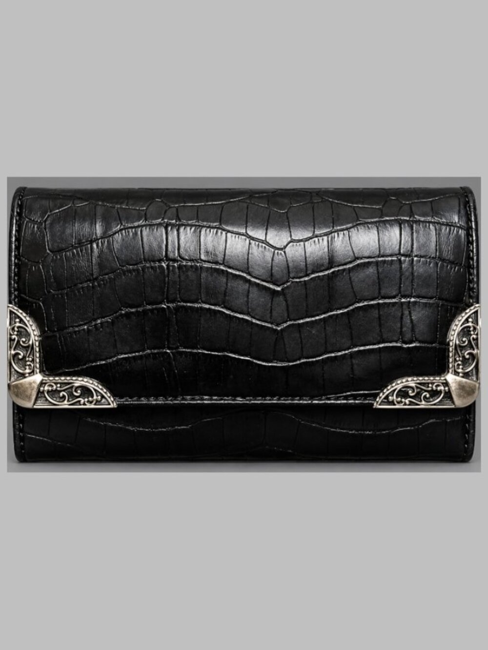 Bueno Black Croc Embossed Checkbook Wallet Silver Tone Concho Trim Organizer